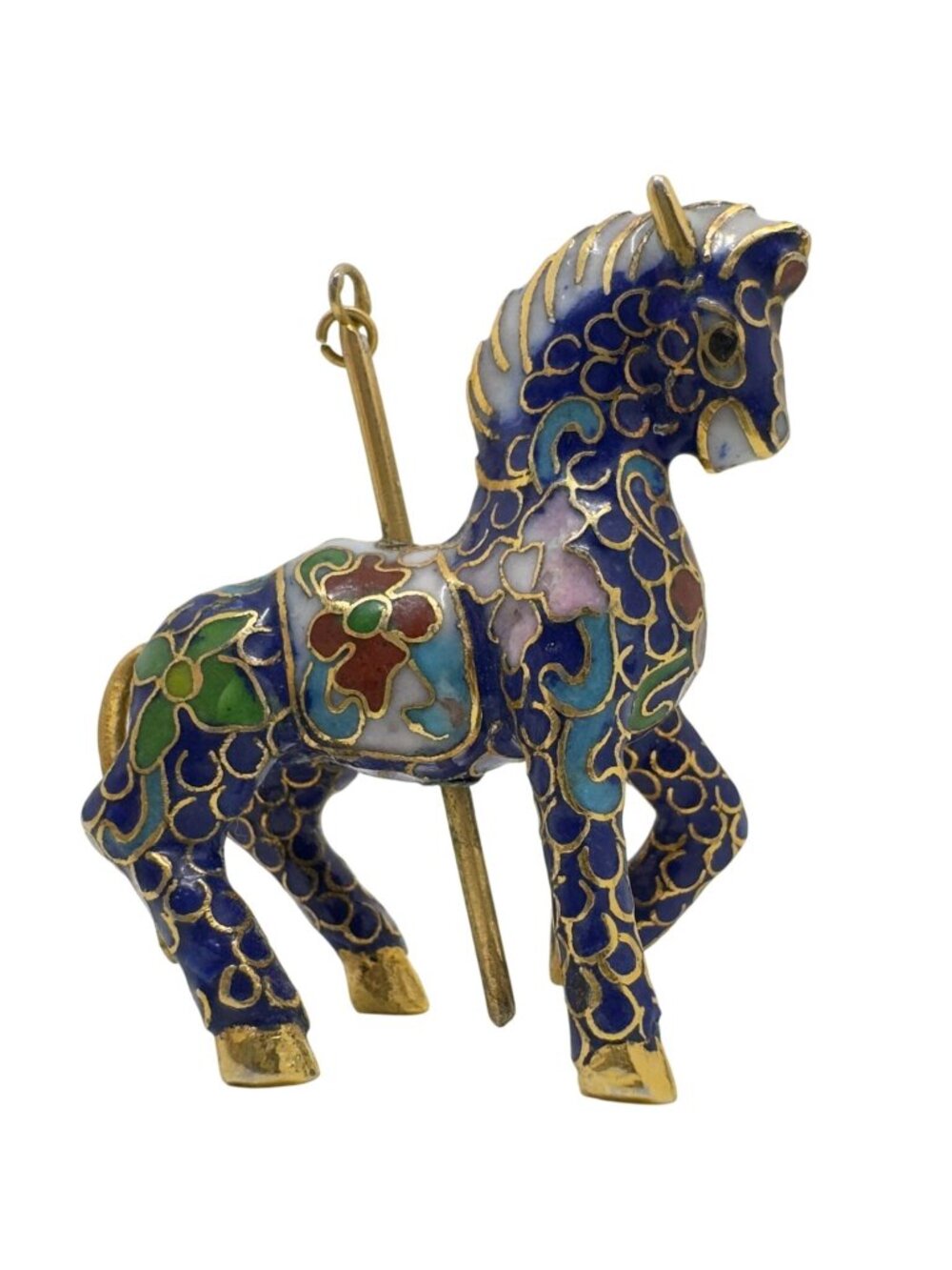 Vtg Chinese Cloisonne Enamel Carousel Unicorn Horse Figurine 2" Blue Gold Design